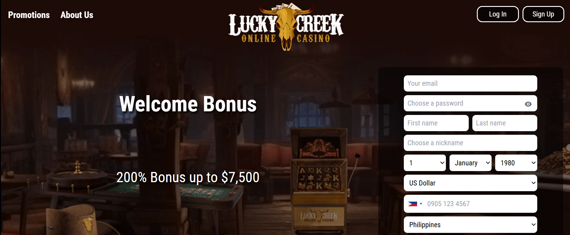Snapshot of Lucky Creek frontier-themed casino with regular promos